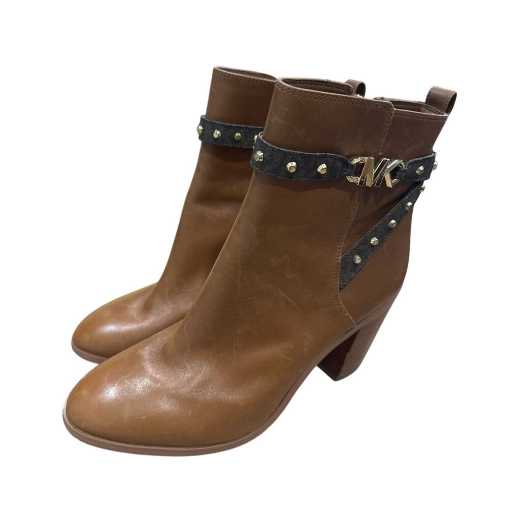 Michael Kors Brown Leather Ankle Boots MK Logo Heel Size 9 - Picture 5 of 8